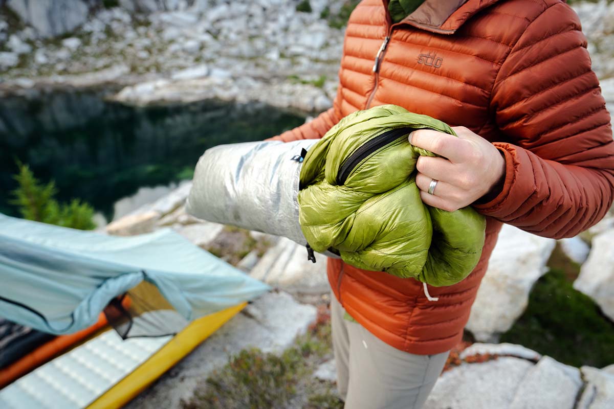 Pulling sleeping bag out of stuff sack